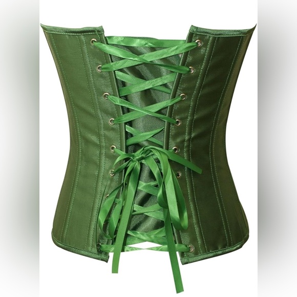 Sz 2pc M Chicastic Emerald Green Satin Sexy Strong Boned Corset Lace Up &Thong - Picture 2 of 6
